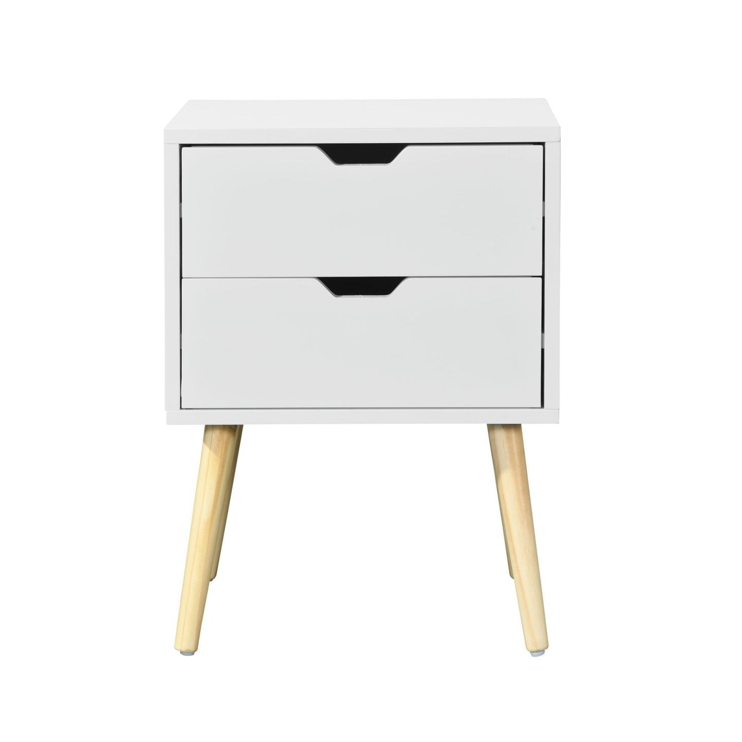 Melysen Side Table with 2 Drawer and Rubber Wood Legs, Mid-Century Modern Storage Cabinet for Bedroom Living Room Furniture, White,White