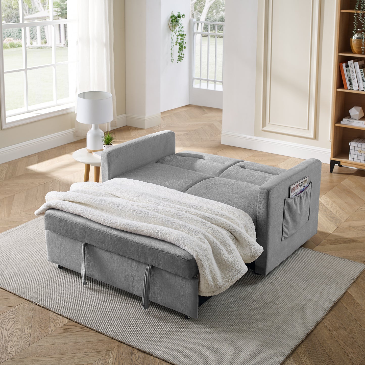 Melysen Loveseats Sofa Bed with Pull-out Bed, Adjsutable Back and Two Arm Pocket