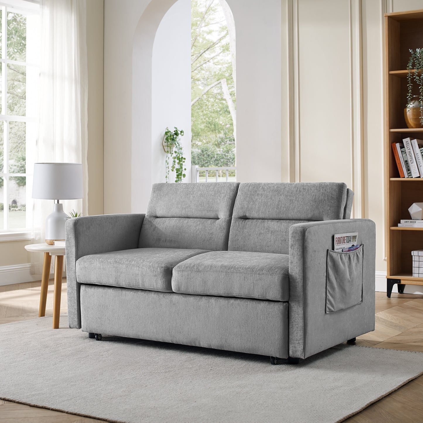 Melysen Loveseats Sofa Bed with Pull-out Bed, Adjsutable Back and Two Arm Pocket