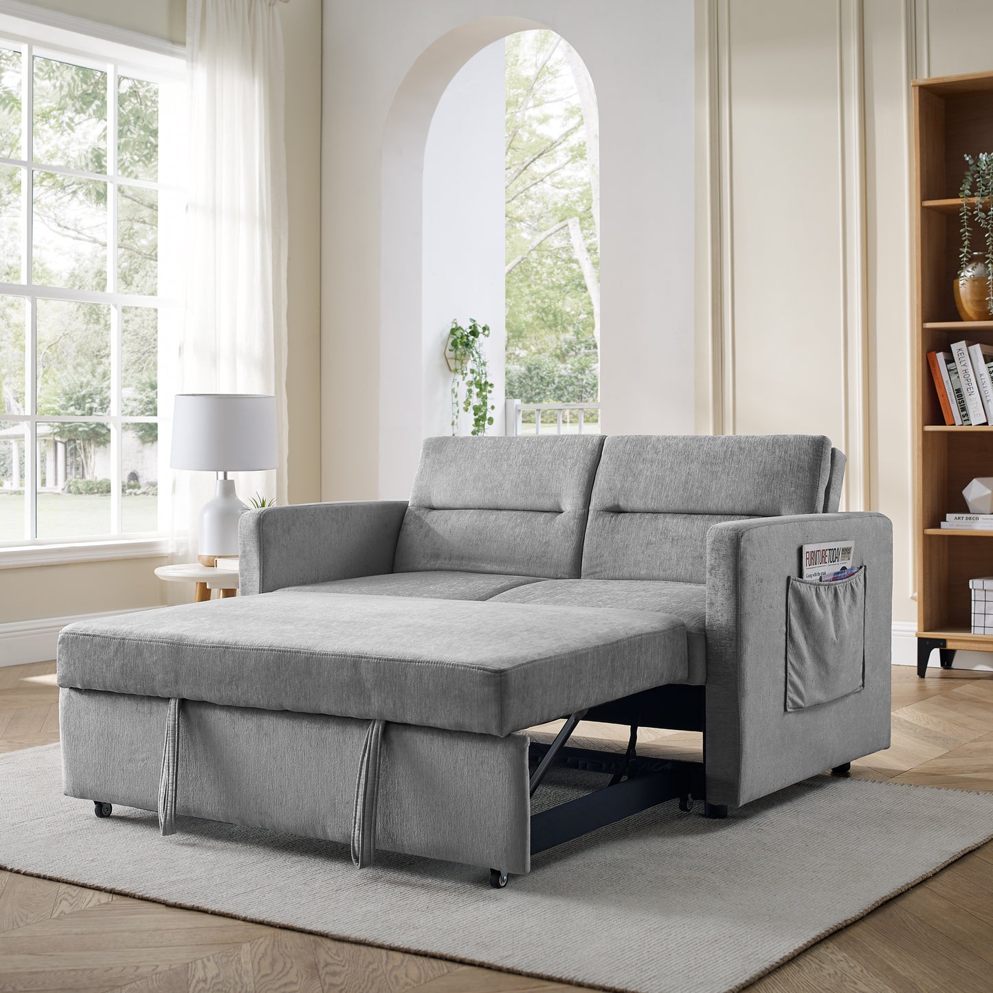 Melysen Loveseats Sofa Bed with Pull-out Bed, Adjsutable Back and Two Arm Pocket