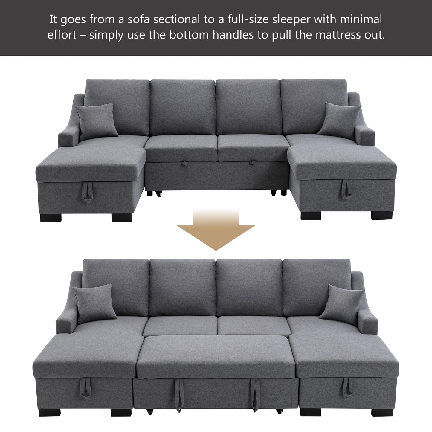 Melysen Upholstery Sleeper Sectional Sofa with Double Storage Spaces, 2 Tossing Cushions, Grey