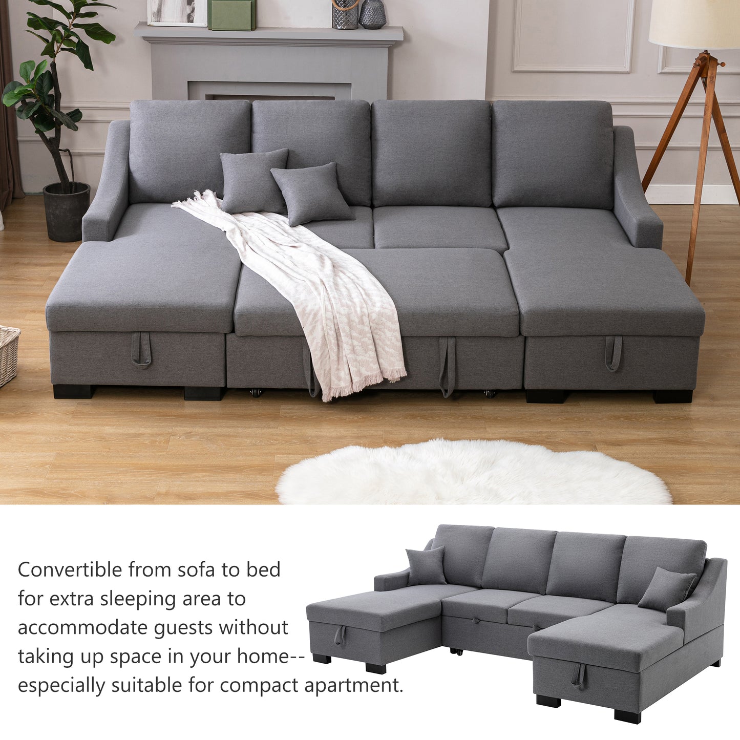 Melysen Upholstery Sleeper Sectional Sofa with Double Storage Spaces, 2 Tossing Cushions, Grey