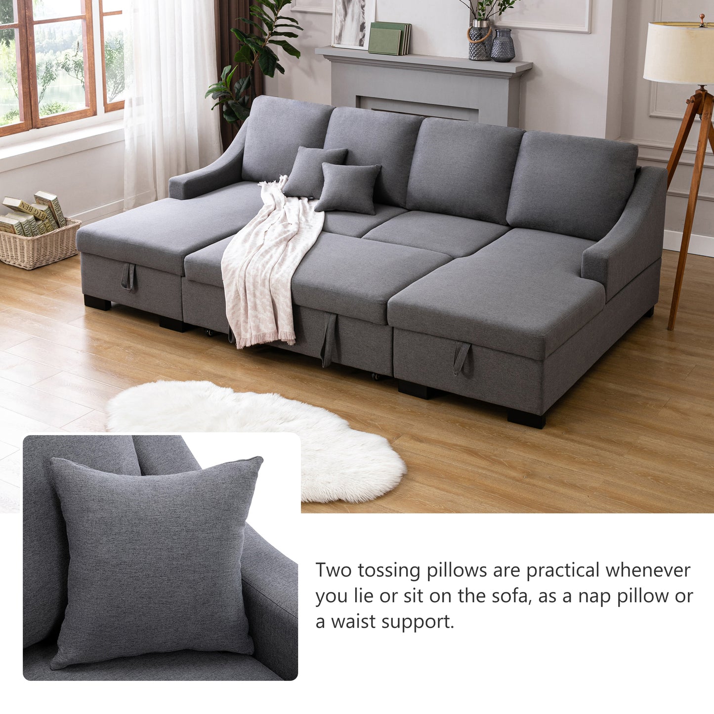 Melysen Upholstery Sleeper Sectional Sofa with Double Storage Spaces, 2 Tossing Cushions, Grey