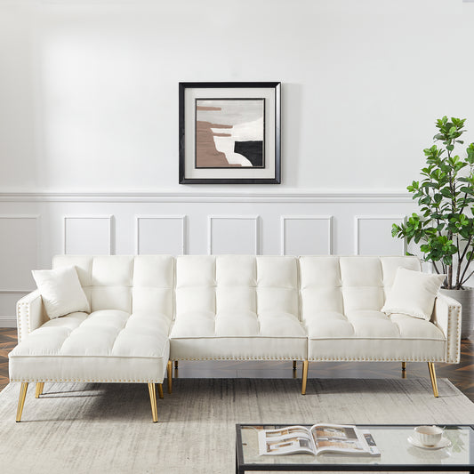 Melysen cream white Velvet Upholstered Reversible Sectional Sofa Bed £¬L-Shaped Couch with Movable Ottoman For Living Room