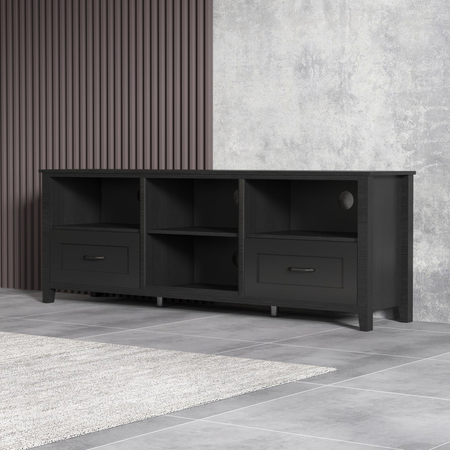 Melysen 70.08 Inch Length Black TV Stand for Living Room and Bedroom, with 2 Drawers and 4 High-Capacity Storage Compartment.