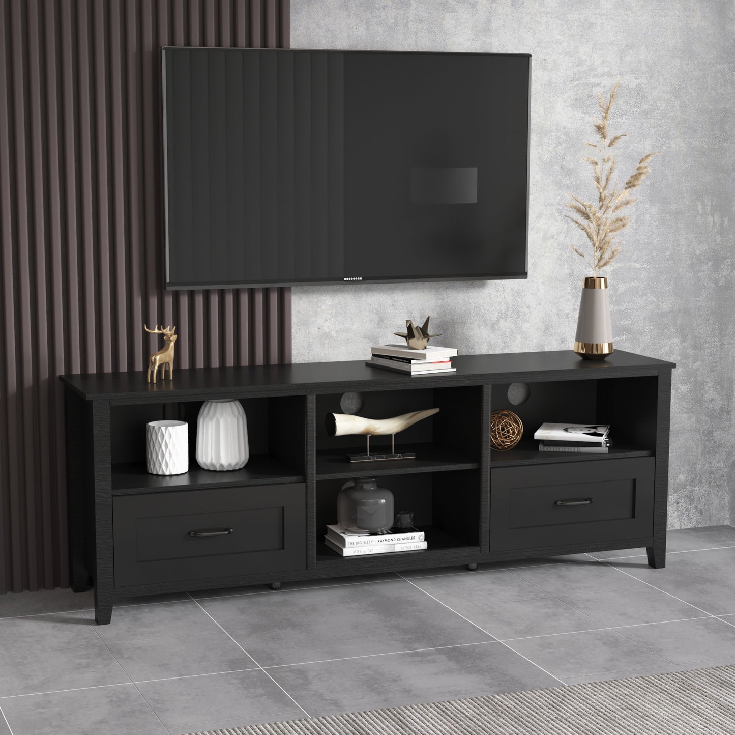 Melysen 70.08 Inch Length Black TV Stand for Living Room and Bedroom, with 2 Drawers and 4 High-Capacity Storage Compartment.