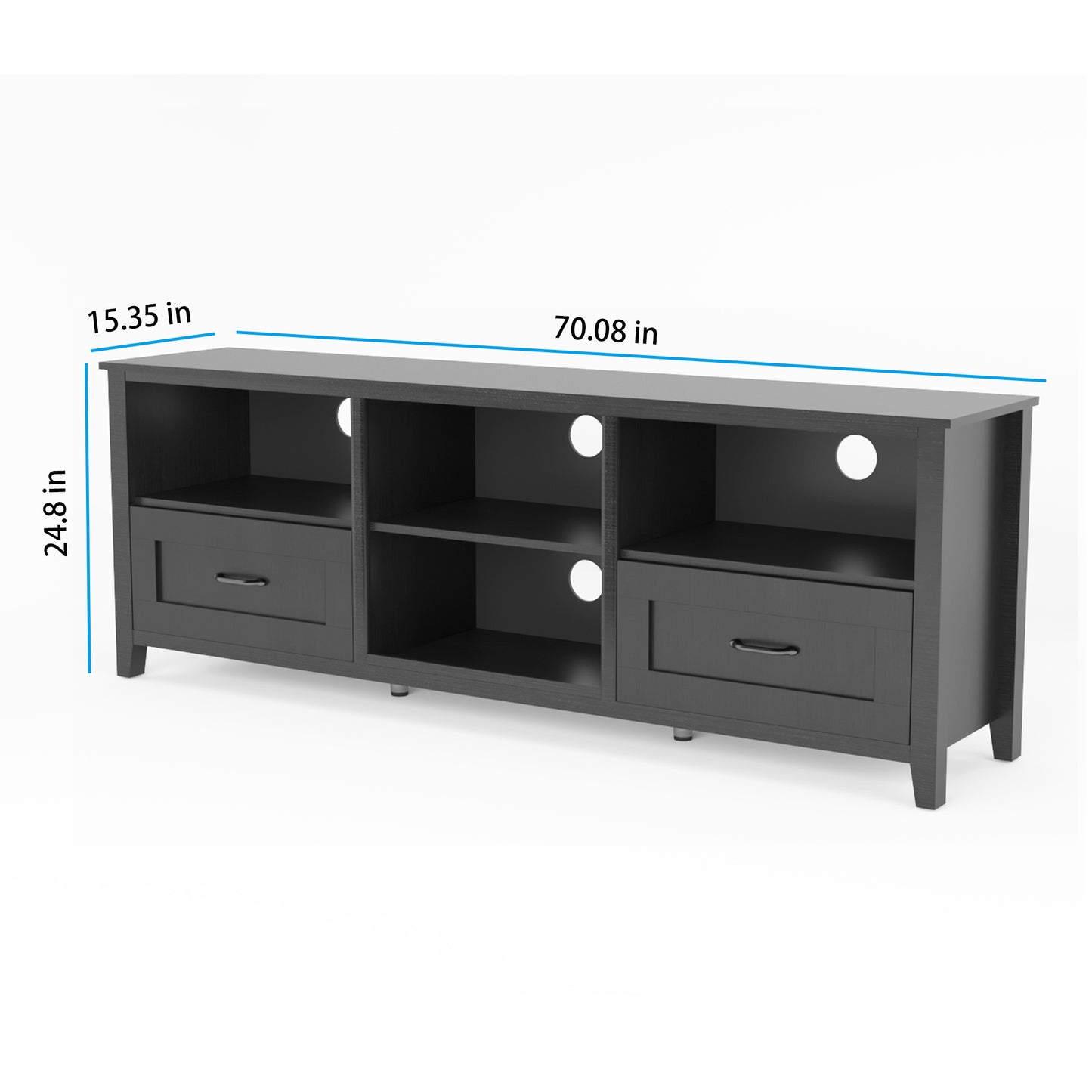 Melysen 70.08 Inch Length Black TV Stand for Living Room and Bedroom, with 2 Drawers and 4 High-Capacity Storage Compartment.