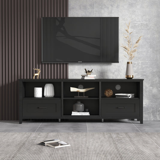 Melysen 70.08 Inch Length Black TV Stand for Living Room and Bedroom, with 2 Drawers and 4 High-Capacity Storage Compartment.