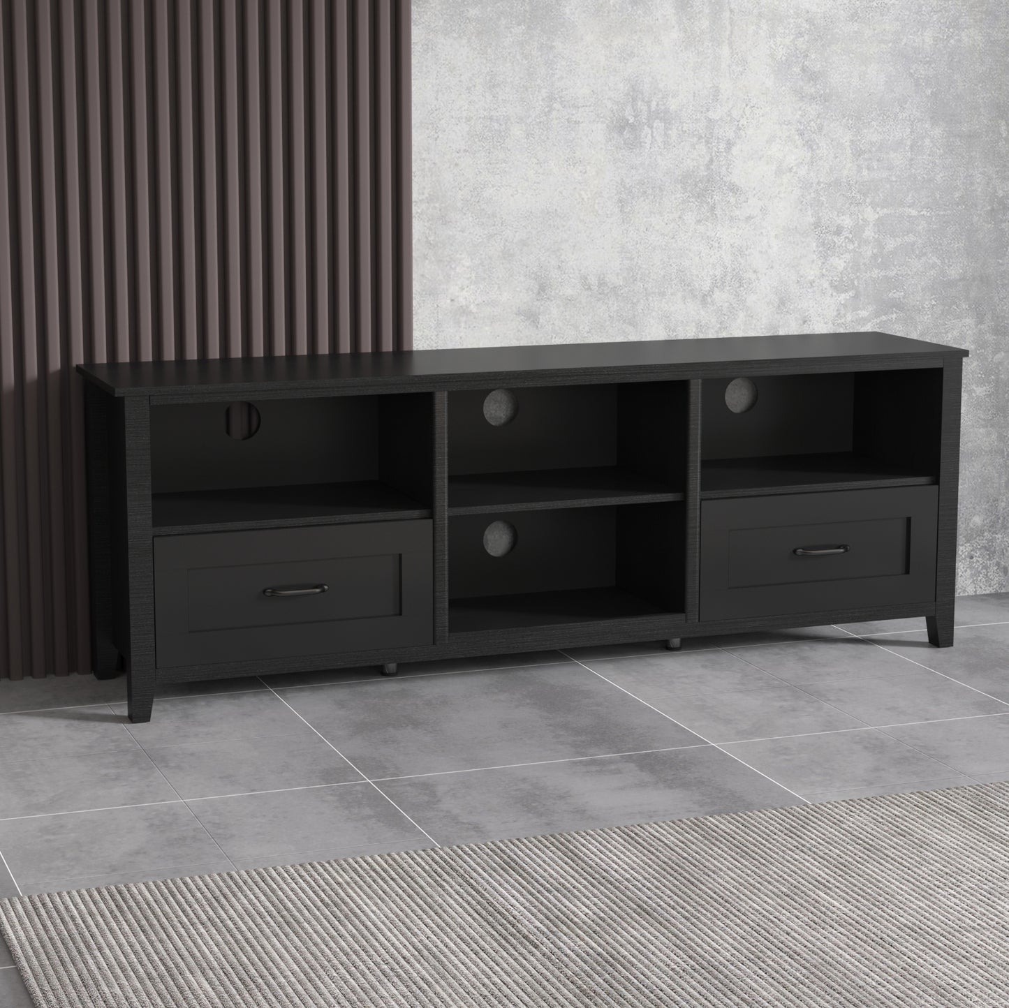 Melysen 70.08 Inch Length Black TV Stand for Living Room and Bedroom, with 2 Drawers and 4 High-Capacity Storage Compartment.