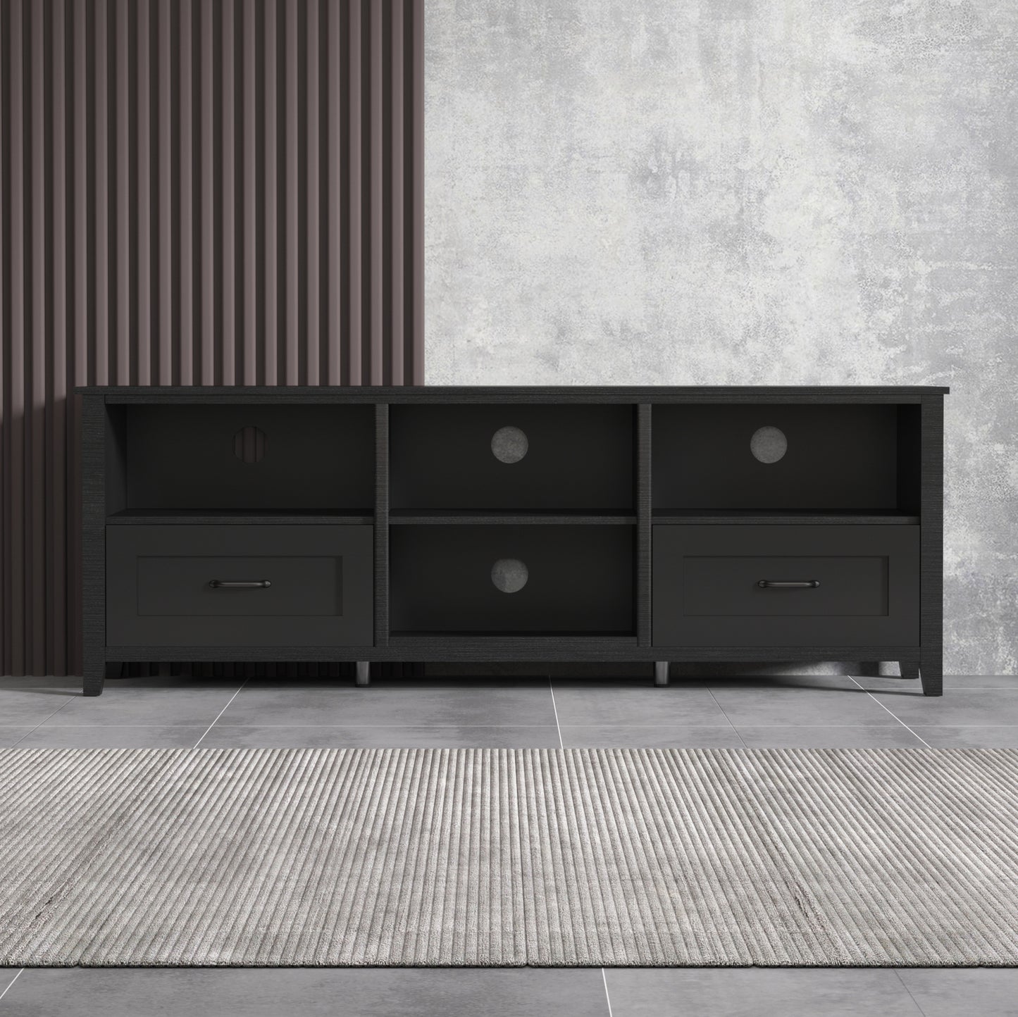 Melysen 70.08 Inch Length Black TV Stand for Living Room and Bedroom, with 2 Drawers and 4 High-Capacity Storage Compartment.