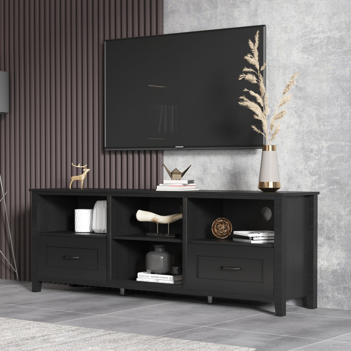 Melysen 70.08 Inch Length Black TV Stand for Living Room and Bedroom, with 2 Drawers and 4 High-Capacity Storage Compartment.