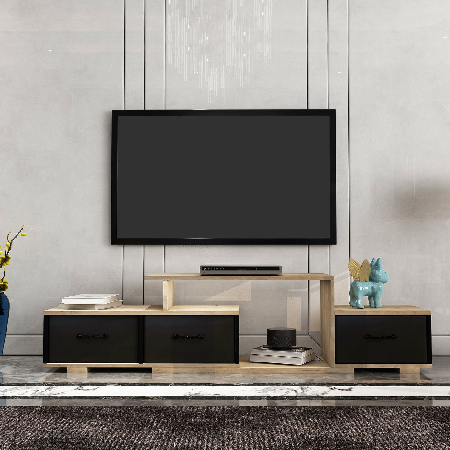 Melysen Modern TV stand, TV cabinet, entertainment center quick assembly of fastenersfolding fabric drawermetal handle for up to 65  " TVsuitable for lounge, living room or bedroom color light brown+ black,Black Brown