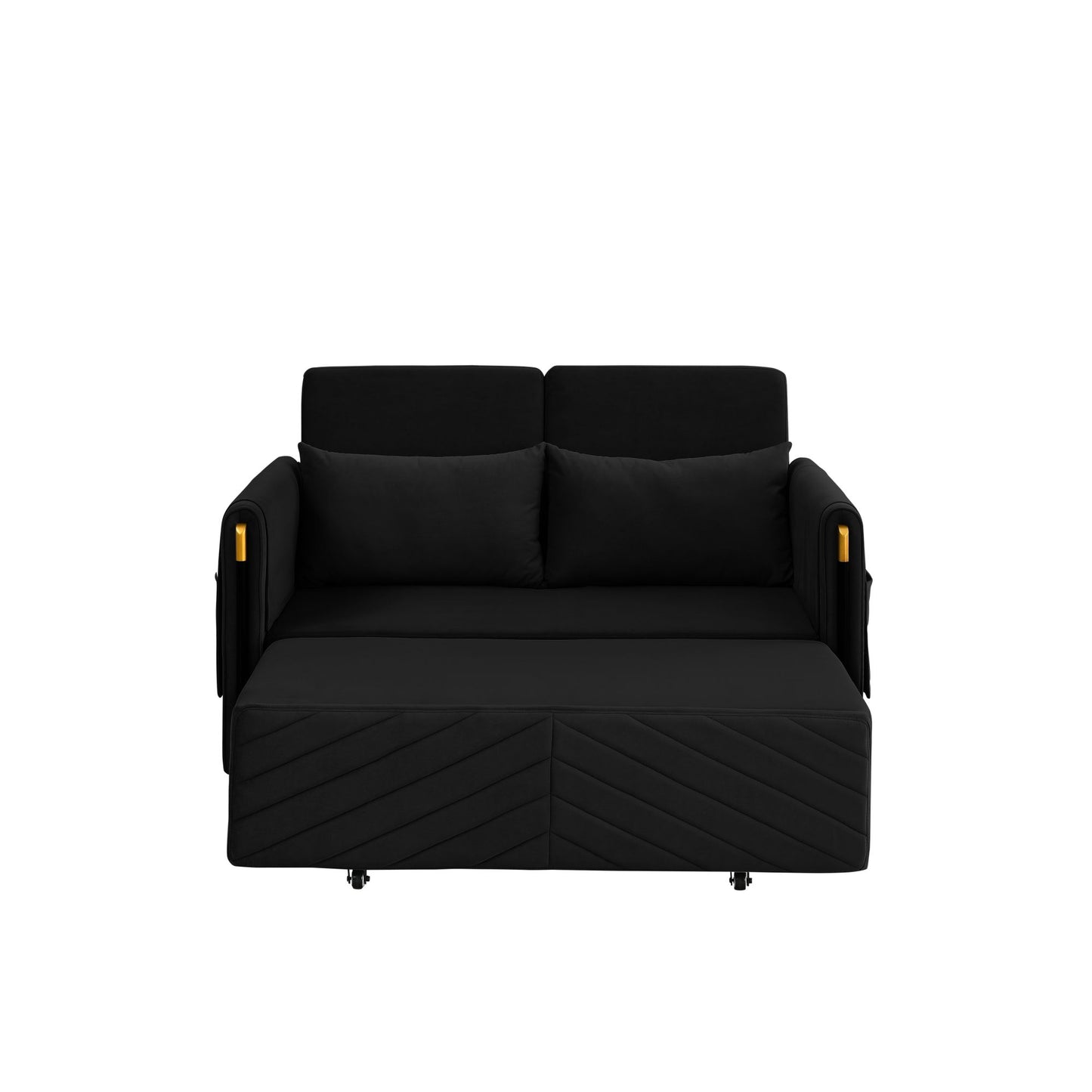 Melysen 54" Modern Convertible Sofa Bed with 2 Detachable Arm Pockets, Velvet Loveseat Sofa with Pull Out Bed, 2 Pillows and Living Room Adjustable Backrest, Grid Design Armrests, Blackin