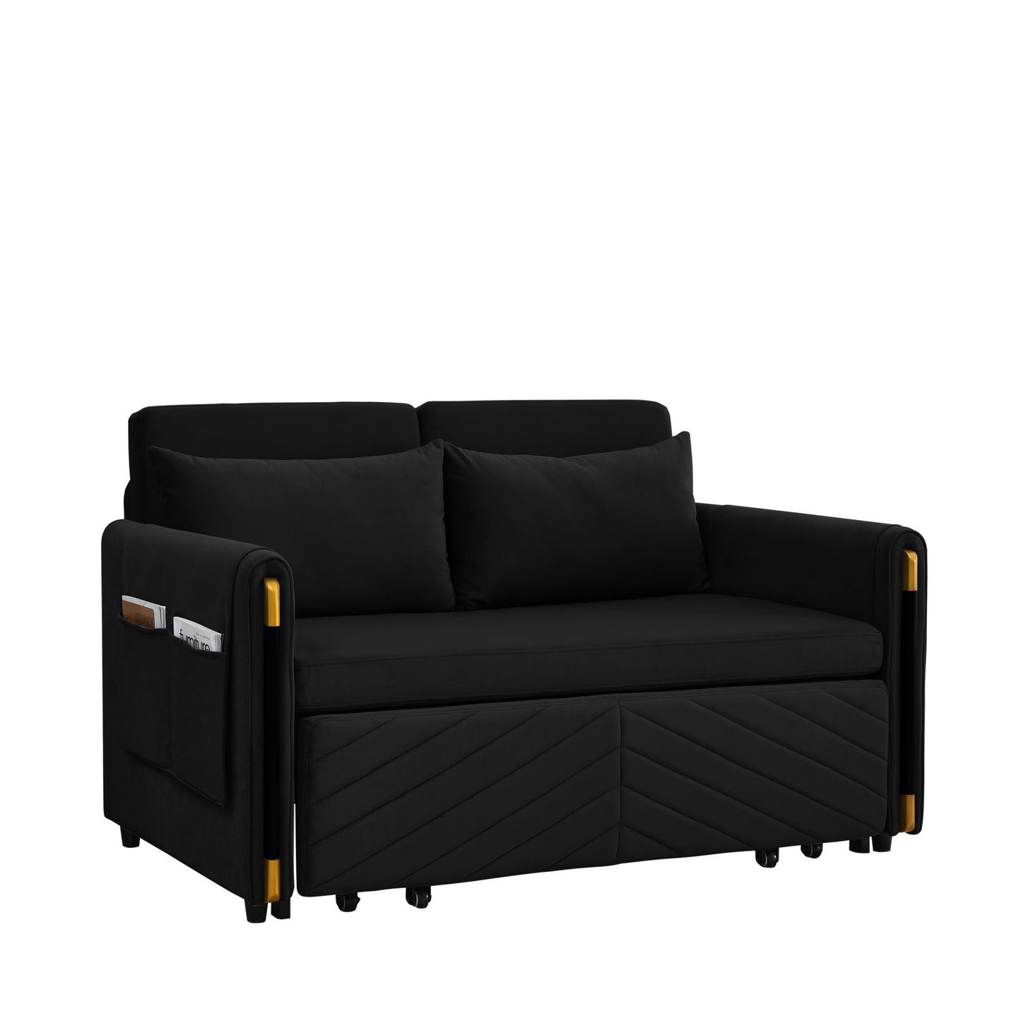 Melysen 54" Modern Convertible Sofa Bed with 2 Detachable Arm Pockets, Velvet Loveseat Sofa with Pull Out Bed, 2 Pillows and Living Room Adjustable Backrest, Grid Design Armrests, Blackin