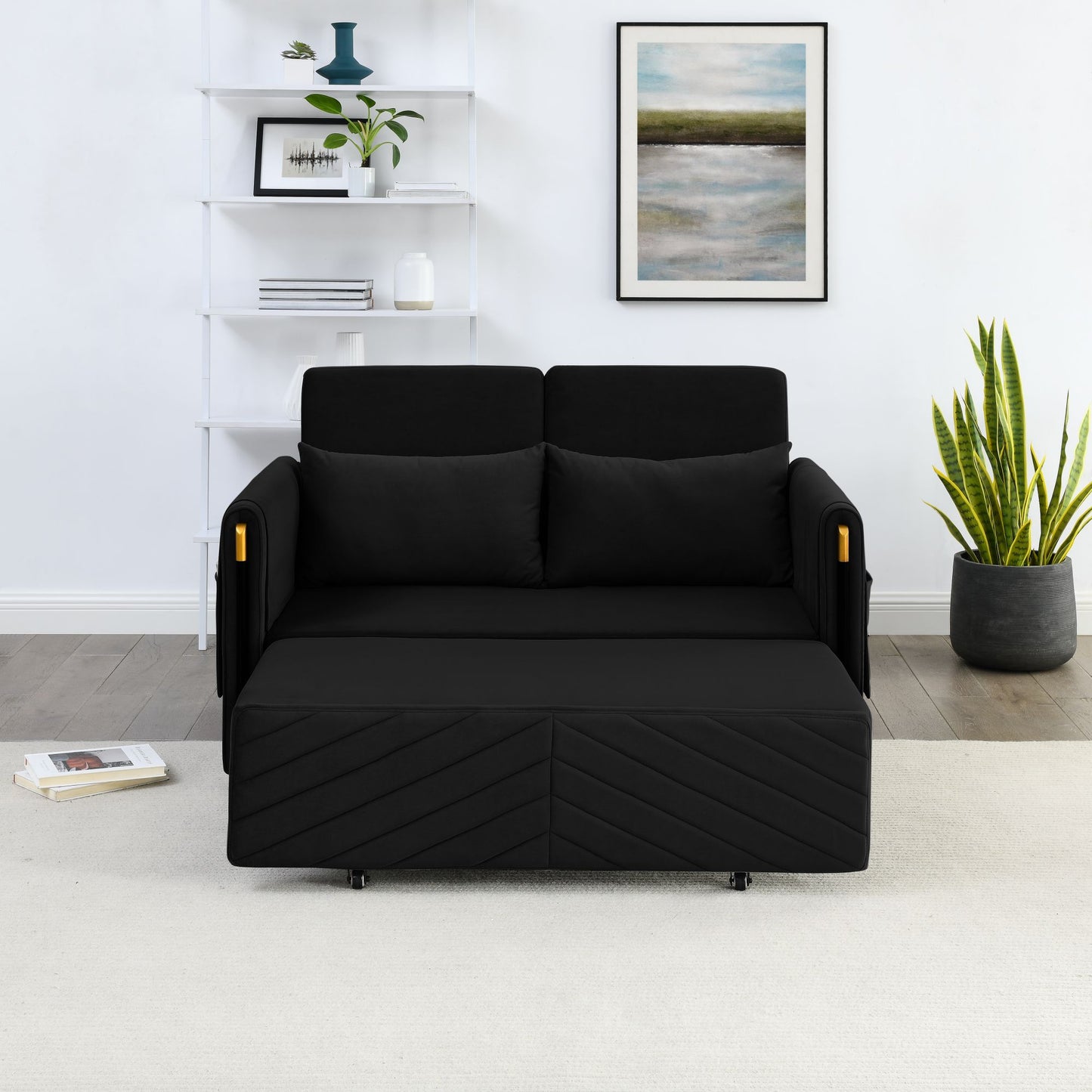 Melysen 54" Modern Convertible Sofa Bed with 2 Detachable Arm Pockets, Velvet Loveseat Sofa with Pull Out Bed, 2 Pillows and Living Room Adjustable Backrest, Grid Design Armrests, Blackin