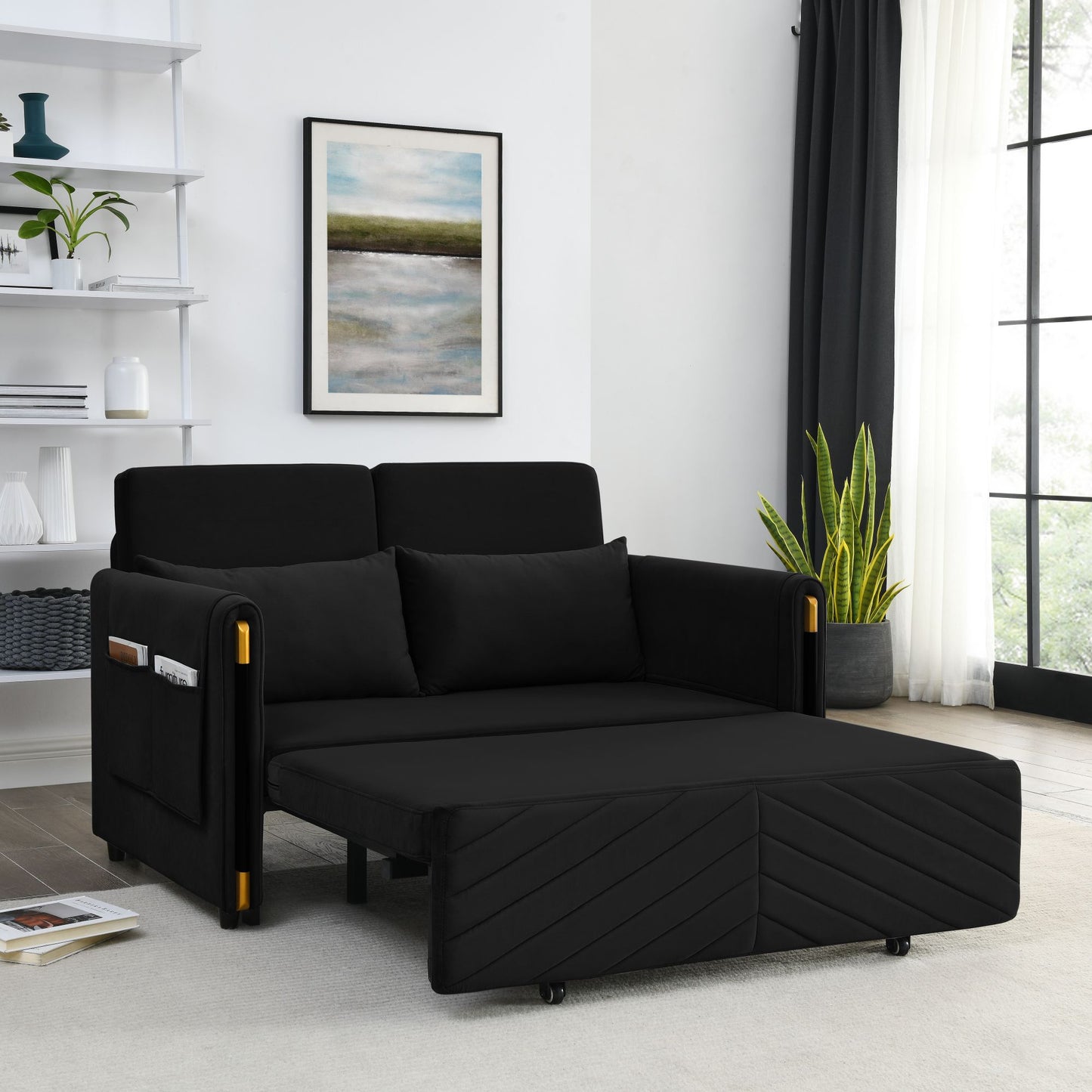 Melysen 54" Modern Convertible Sofa Bed with 2 Detachable Arm Pockets, Velvet Loveseat Sofa with Pull Out Bed, 2 Pillows and Living Room Adjustable Backrest, Grid Design Armrests, Blackin