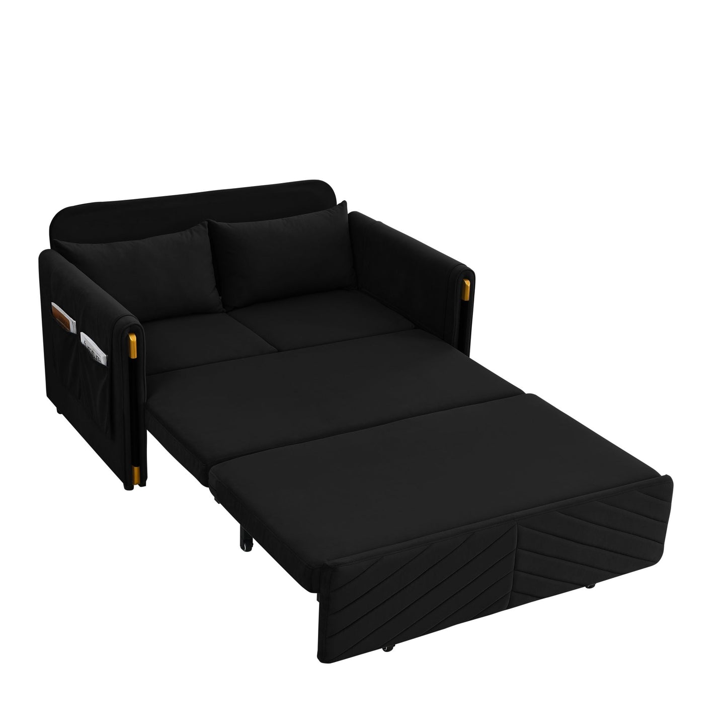 Melysen 54" Modern Convertible Sofa Bed with 2 Detachable Arm Pockets, Velvet Loveseat Sofa with Pull Out Bed, 2 Pillows and Living Room Adjustable Backrest, Grid Design Armrests, Blackin