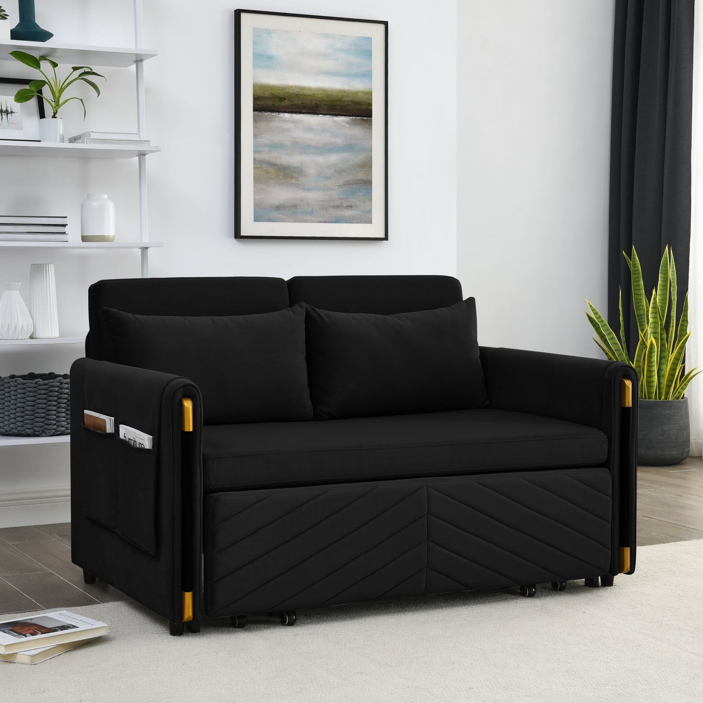 Melysen 54" Modern Convertible Sofa Bed with 2 Detachable Arm Pockets, Velvet Loveseat Sofa with Pull Out Bed, 2 Pillows and Living Room Adjustable Backrest, Grid Design Armrests, Blackin