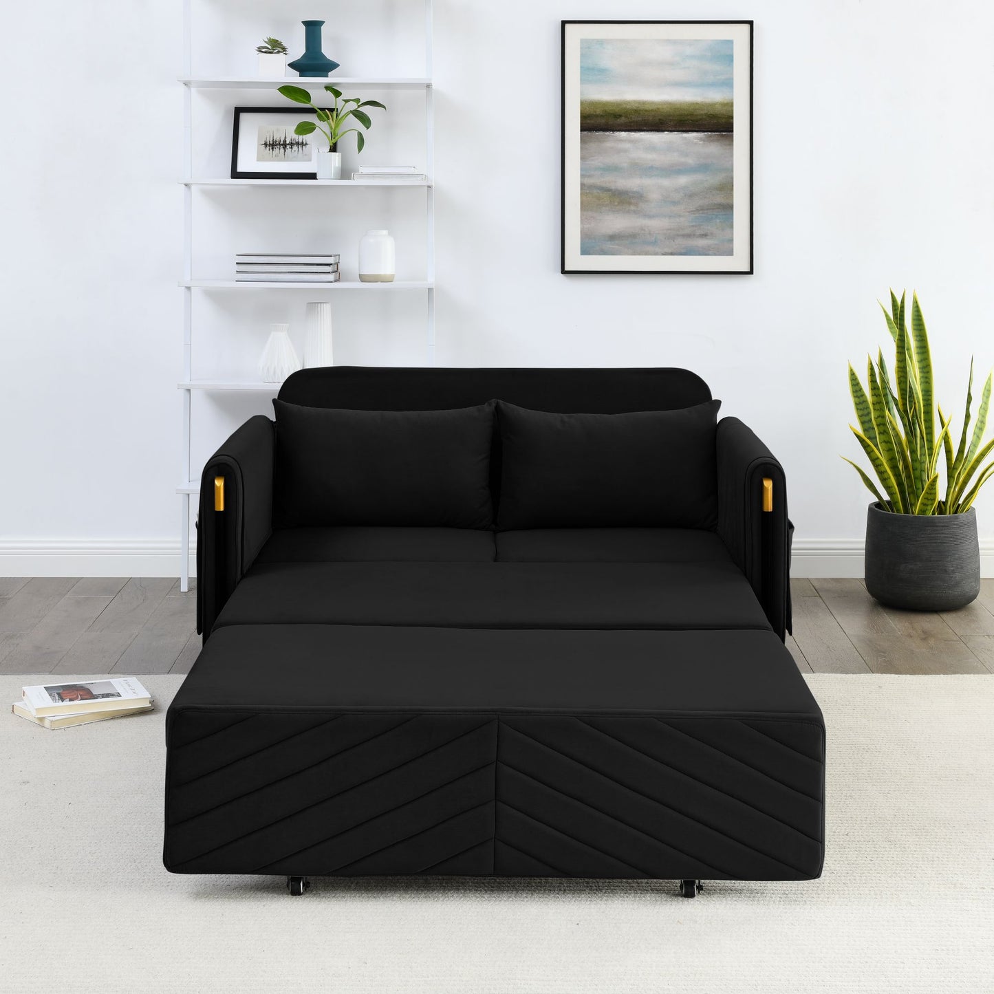 Melysen 54" Modern Convertible Sofa Bed with 2 Detachable Arm Pockets, Velvet Loveseat Sofa with Pull Out Bed, 2 Pillows and Living Room Adjustable Backrest, Grid Design Armrests, Blackin