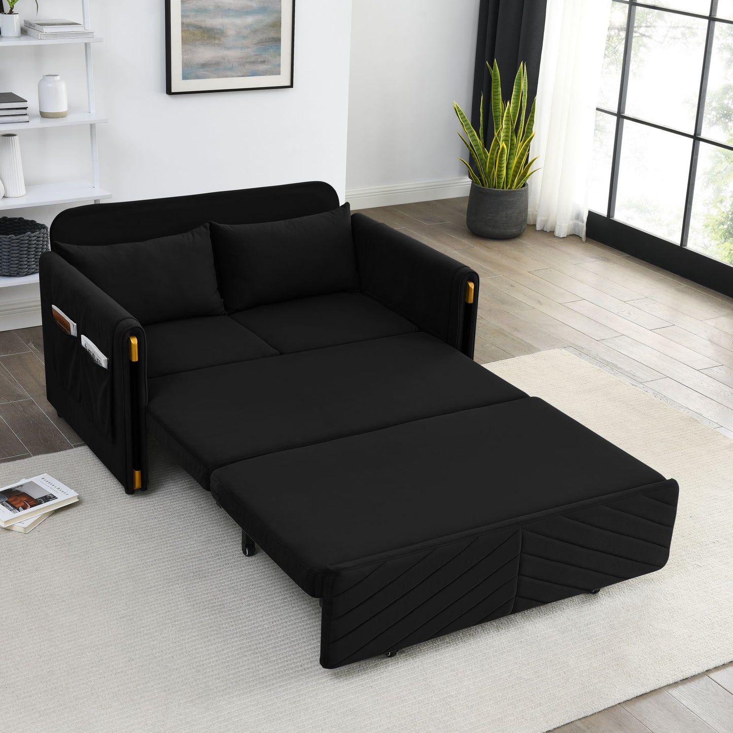 Melysen 54" Modern Convertible Sofa Bed with 2 Detachable Arm Pockets, Velvet Loveseat Sofa with Pull Out Bed, 2 Pillows and Living Room Adjustable Backrest, Grid Design Armrests, Blackin