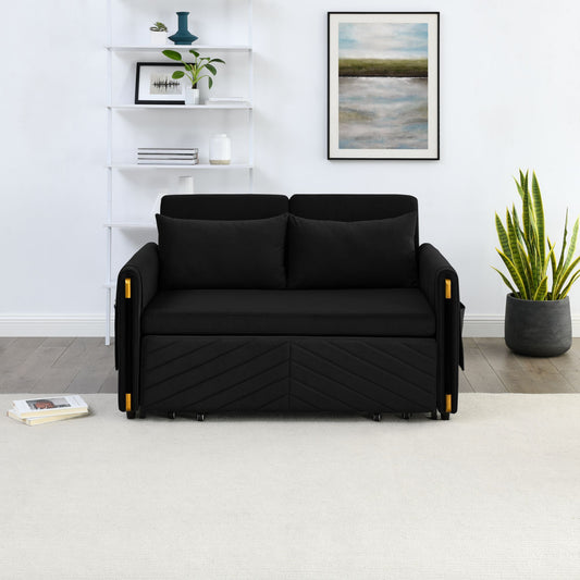 Melysen 54" Modern Convertible Sofa Bed with 2 Detachable Arm Pockets, Velvet Loveseat Sofa with Pull Out Bed, 2 Pillows and Living Room Adjustable Backrest, Grid Design Armrests, Blackin