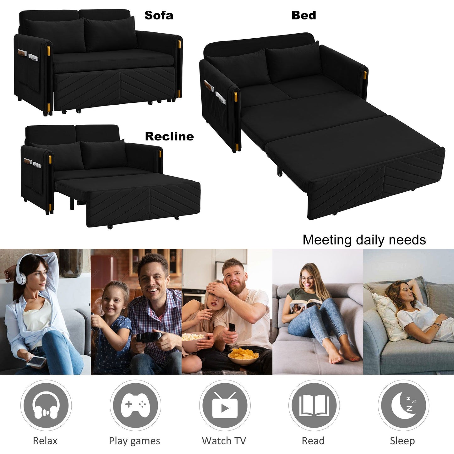 Melysen 54" Modern Convertible Sofa Bed with 2 Detachable Arm Pockets, Velvet Loveseat Sofa with Pull Out Bed, 2 Pillows and Living Room Adjustable Backrest, Grid Design Armrests, Blackin