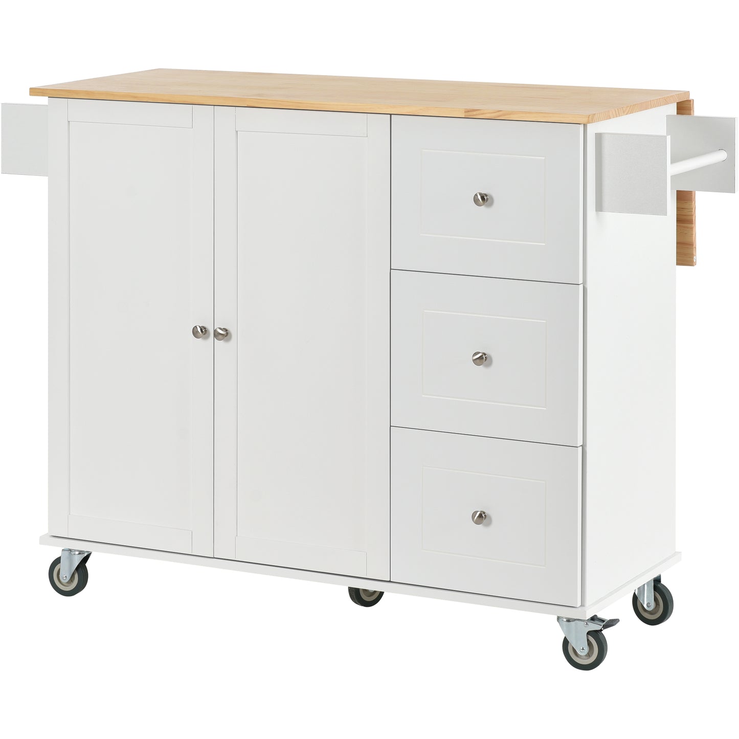 Melysen Rolling Mobile Kitchen Island with Solid Wood Top and Locking Wheels,52.7 Inch Width,Storage Cabinet and Drop Leaf Breakfast Bar,Spice Rack, Towel Rack & Drawer (White)