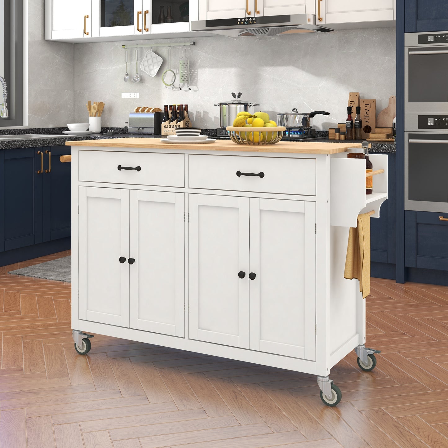 Melysen Kitchen Island Cart with Solid Wood Top and Locking Wheels,54.3 Inch Width,4 Door Cabinet and Two Drawers,Spice Rack, Towel Rack (White)