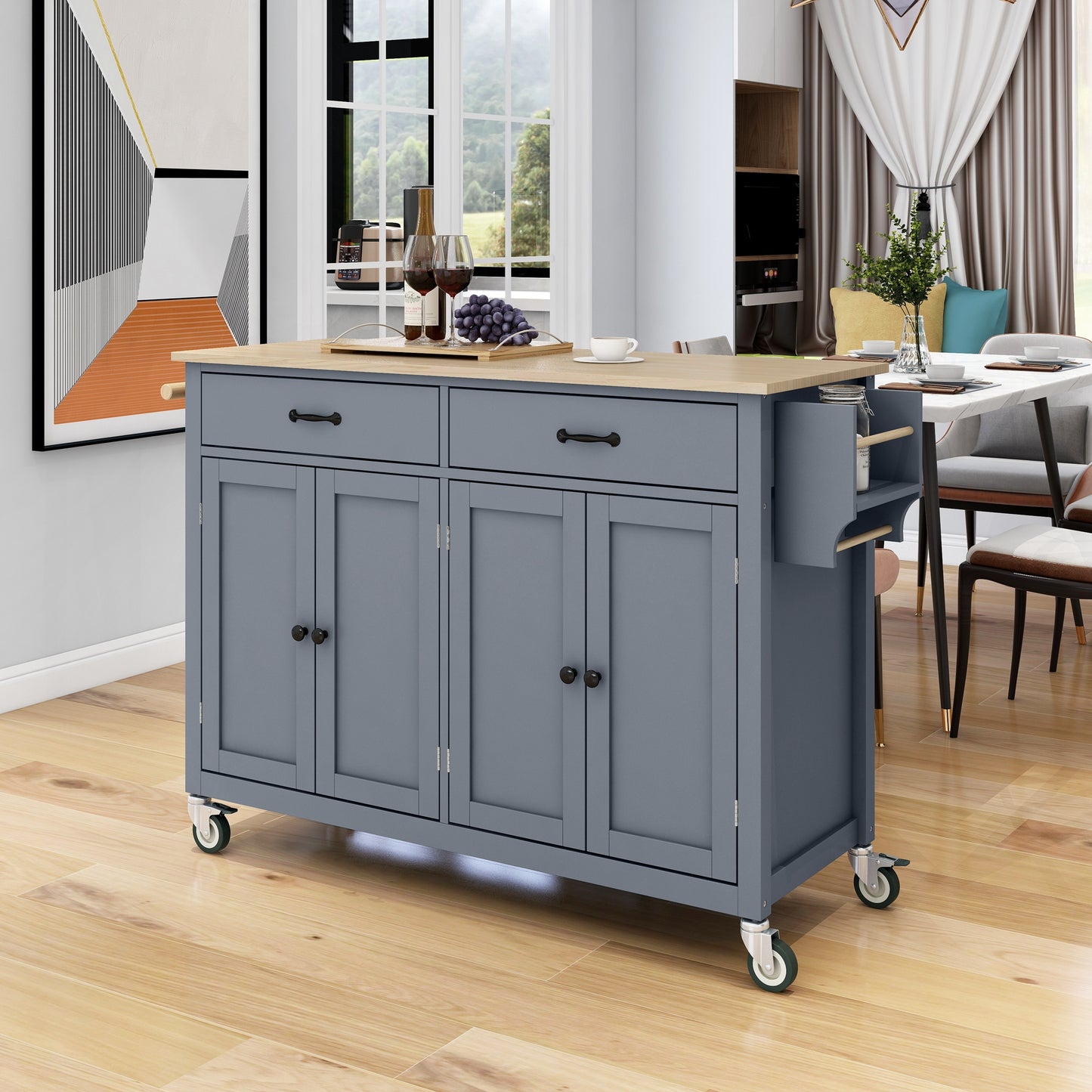 Melysen Kitchen Island Cart with Solid Wood Top and Locking Wheels,54.3 Inch Width,4 Door Cabinet and Two Drawers,Spice Rack, Towel Rack (Grey)