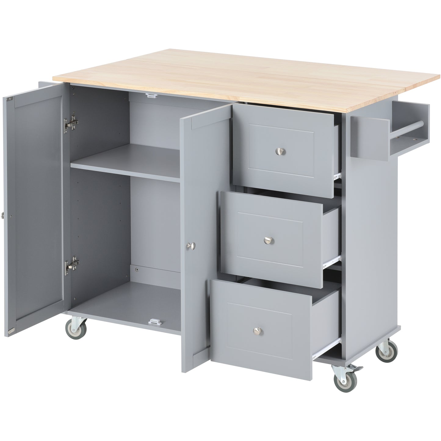 Melysen Rolling Mobile Kitchen Island with Solid Wood Top and Locking Wheels,52.7 Inch Width,Storage Cabinet and Drop Leaf Breakfast Bar,Spice Rack, Towel Rack & Drawer (Grey Blue)