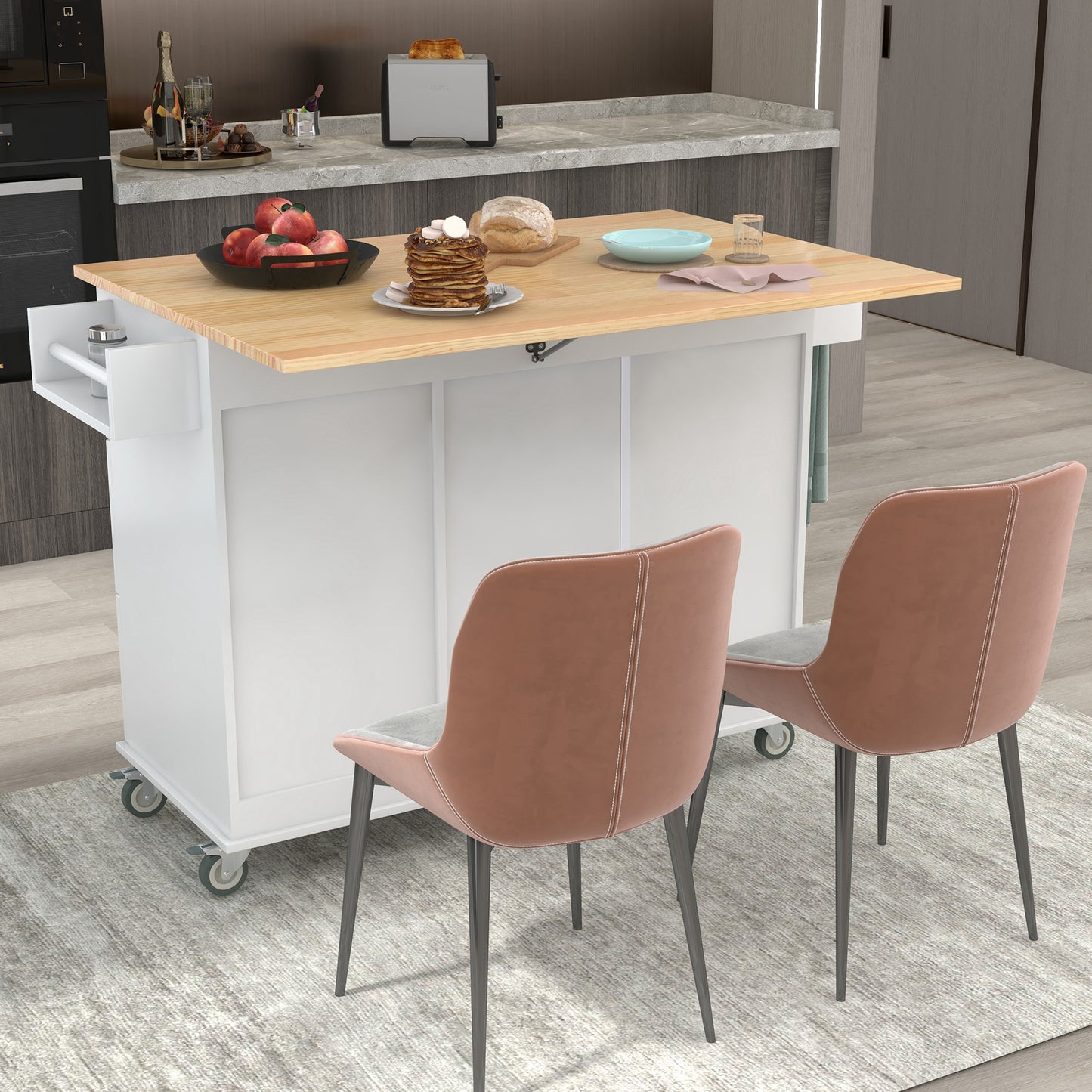 Melysen Rolling Mobile Kitchen Island with Solid Wood Top and Locking Wheels,52.7 Inch Width,Storage Cabinet and Drop Leaf Breakfast Bar,Spice Rack, Towel Rack & Drawer (White)