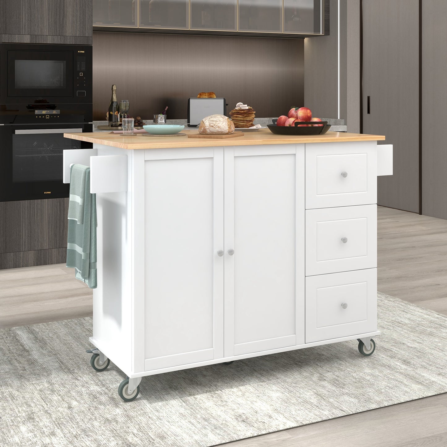 Melysen Rolling Mobile Kitchen Island with Solid Wood Top and Locking Wheels,52.7 Inch Width,Storage Cabinet and Drop Leaf Breakfast Bar,Spice Rack, Towel Rack & Drawer (White)