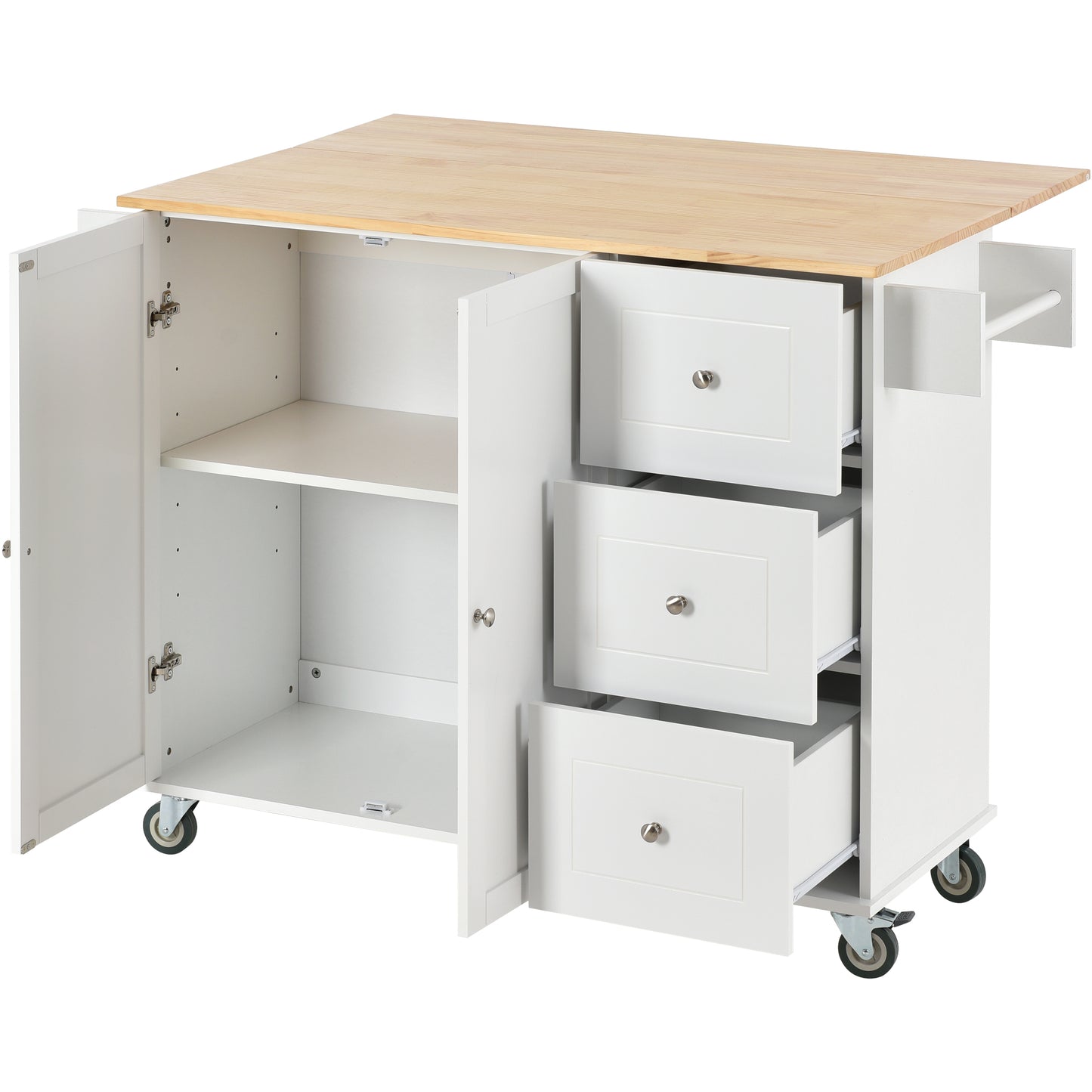 Melysen Rolling Mobile Kitchen Island with Solid Wood Top and Locking Wheels,52.7 Inch Width,Storage Cabinet and Drop Leaf Breakfast Bar,Spice Rack, Towel Rack & Drawer (White)