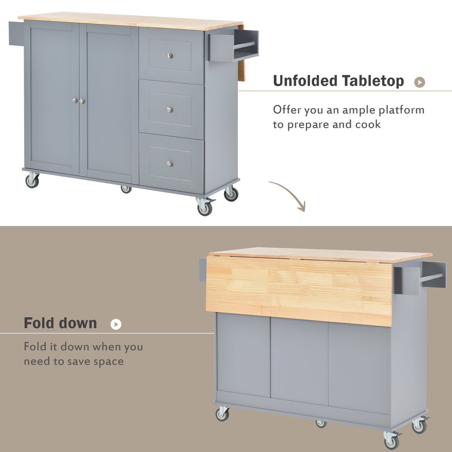 Melysen Rolling Mobile Kitchen Island with Solid Wood Top and Locking Wheels,52.7 Inch Width,Storage Cabinet and Drop Leaf Breakfast Bar,Spice Rack, Towel Rack & Drawer (Grey Blue)