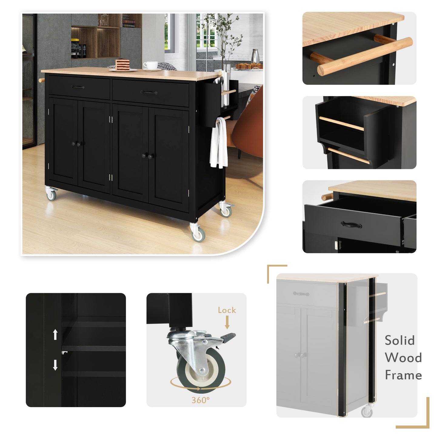 Melysen Kitchen Island Cart with Solid Wood Top and Locking Wheels,54.3 Inch Width,4 Door Cabinet and Two Drawers,Spice Rack, Towel Rack (Black)