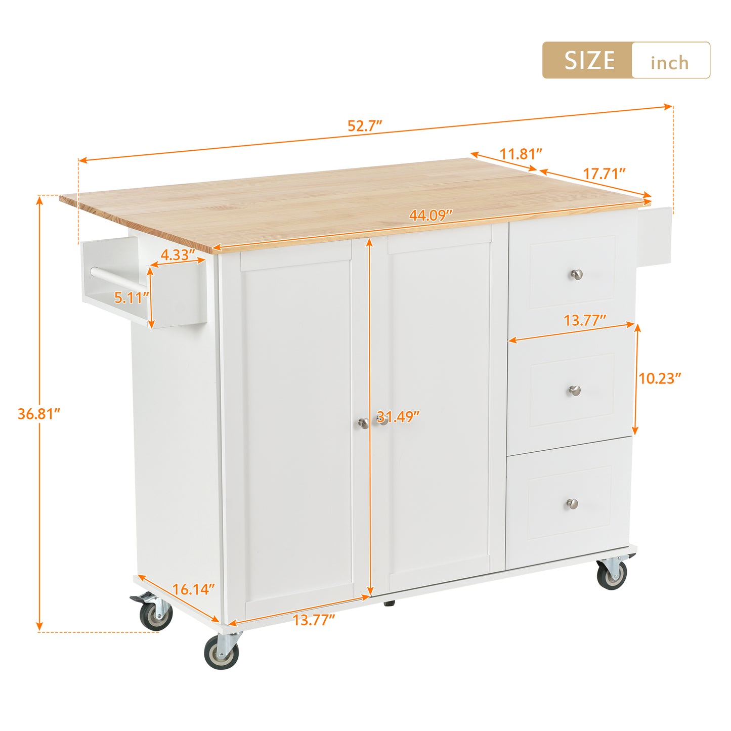 Melysen Rolling Mobile Kitchen Island with Solid Wood Top and Locking Wheels,52.7 Inch Width,Storage Cabinet and Drop Leaf Breakfast Bar,Spice Rack, Towel Rack & Drawer (White)