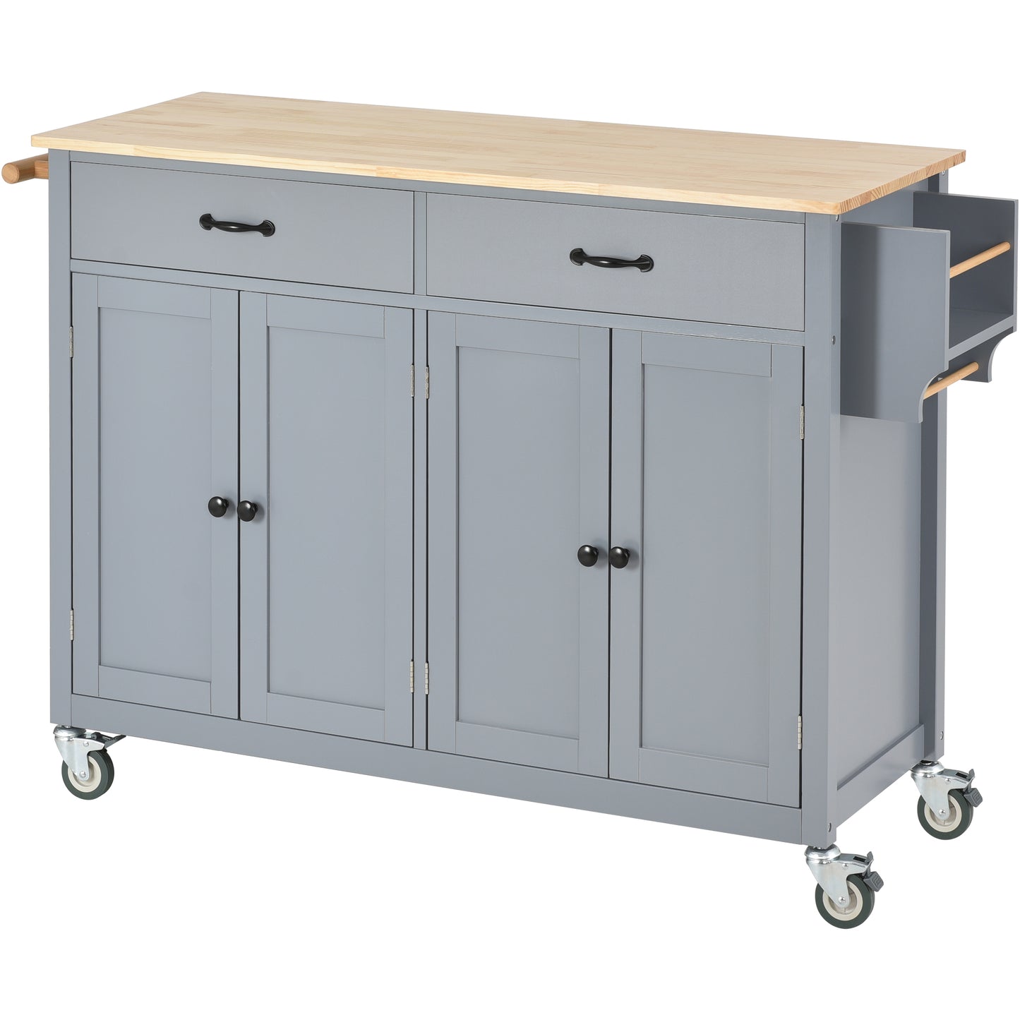 Melysen Kitchen Island Cart with Solid Wood Top and Locking Wheels,54.3 Inch Width,4 Door Cabinet and Two Drawers,Spice Rack, Towel Rack (Grey)