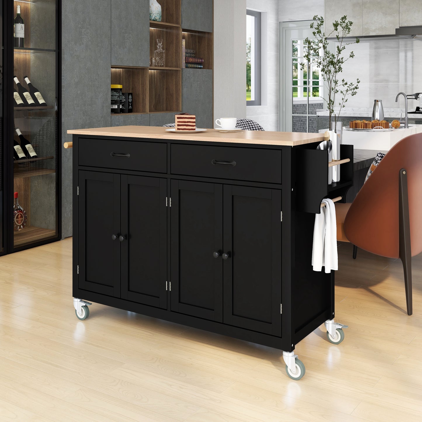 Melysen Kitchen Island Cart with Solid Wood Top and Locking Wheels,54.3 Inch Width,4 Door Cabinet and Two Drawers,Spice Rack, Towel Rack (Black)