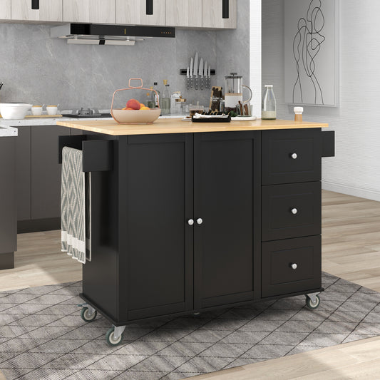 Melysen Rolling Mobile Kitchen Island with Solid Wood Top and Locking Wheels,52.7 Inch Width,Storage Cabinet and Drop Leaf Breakfast Bar,Spice Rack, Towel Rack & Drawer (Black)