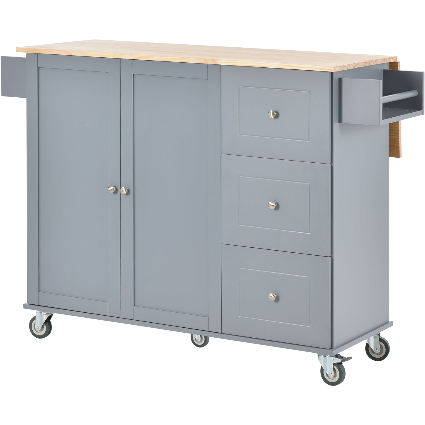 Melysen Rolling Mobile Kitchen Island with Solid Wood Top and Locking Wheels,52.7 Inch Width,Storage Cabinet and Drop Leaf Breakfast Bar,Spice Rack, Towel Rack & Drawer (Grey Blue)