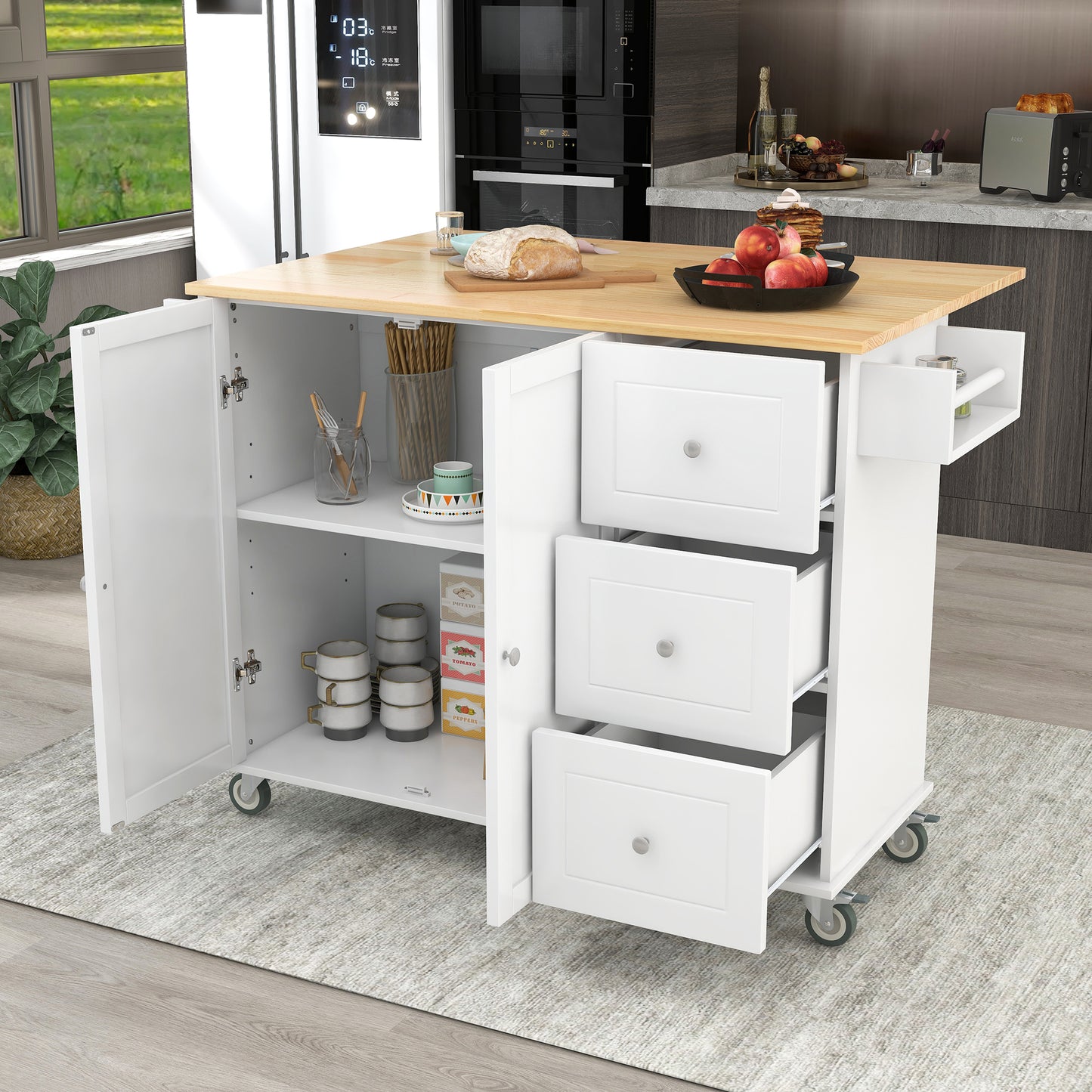 Melysen Rolling Mobile Kitchen Island with Solid Wood Top and Locking Wheels,52.7 Inch Width,Storage Cabinet and Drop Leaf Breakfast Bar,Spice Rack, Towel Rack & Drawer (White)