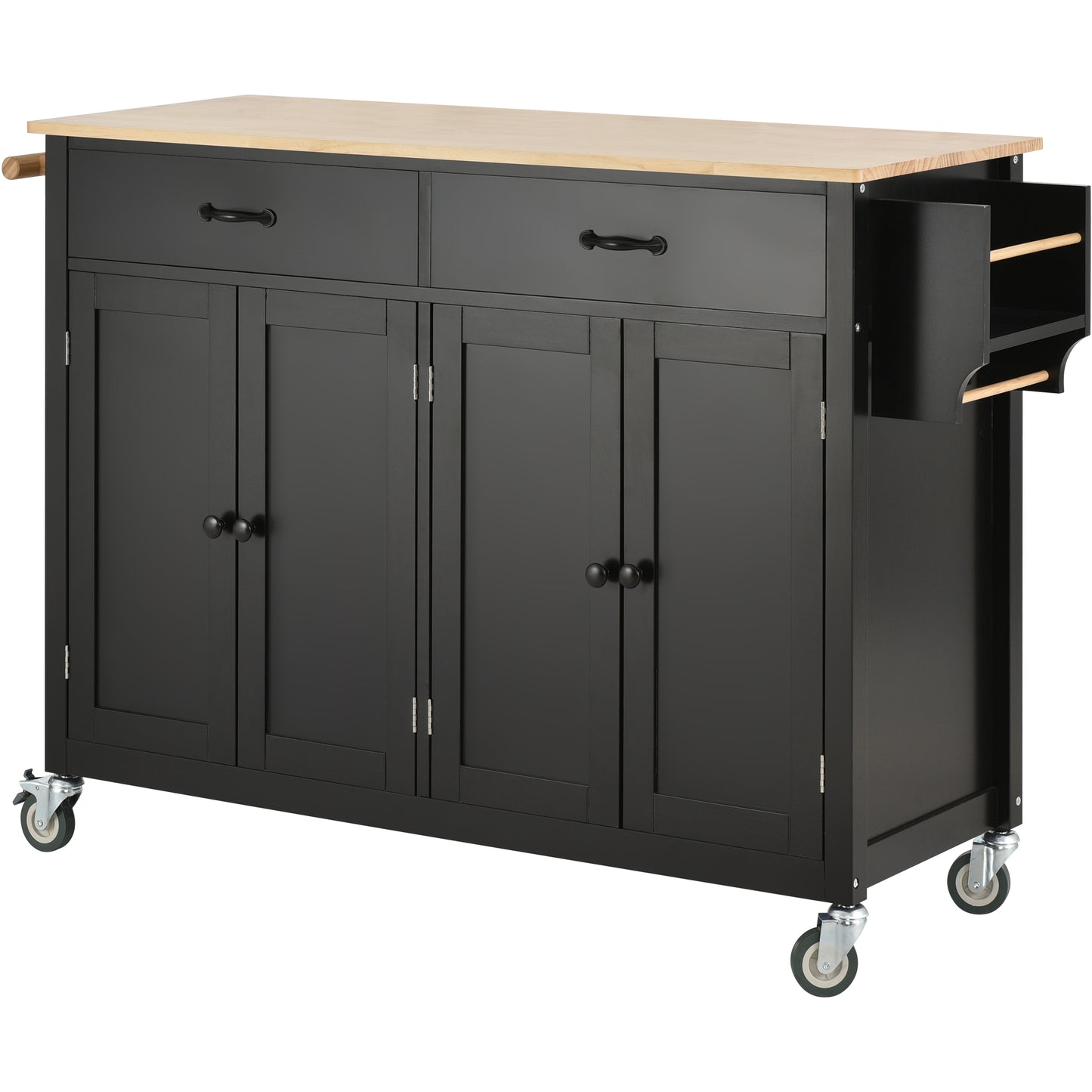 Melysen Kitchen Island Cart with Solid Wood Top and Locking Wheels,54.3 Inch Width,4 Door Cabinet and Two Drawers,Spice Rack, Towel Rack (Black)