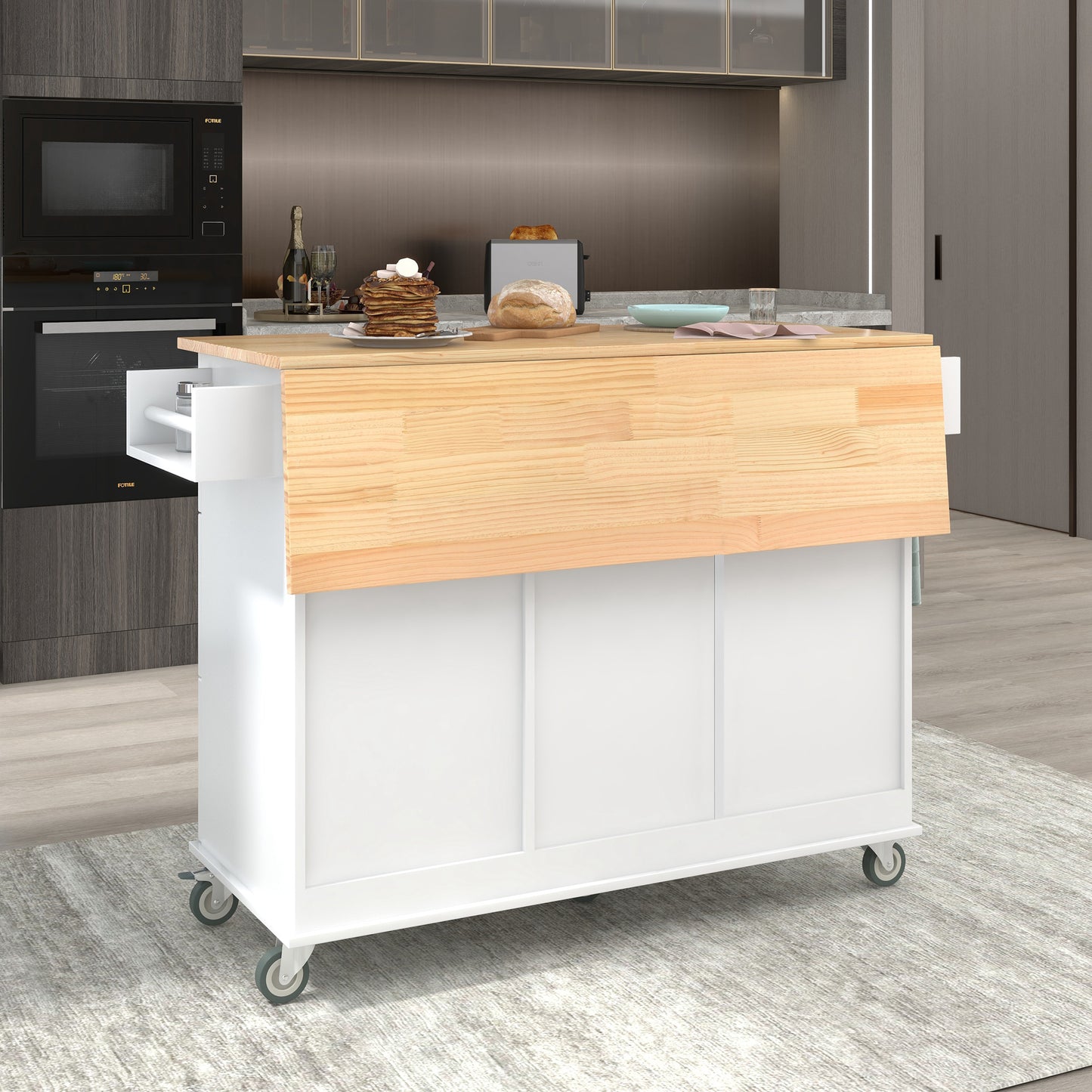 Melysen Rolling Mobile Kitchen Island with Solid Wood Top and Locking Wheels,52.7 Inch Width,Storage Cabinet and Drop Leaf Breakfast Bar,Spice Rack, Towel Rack & Drawer (White)