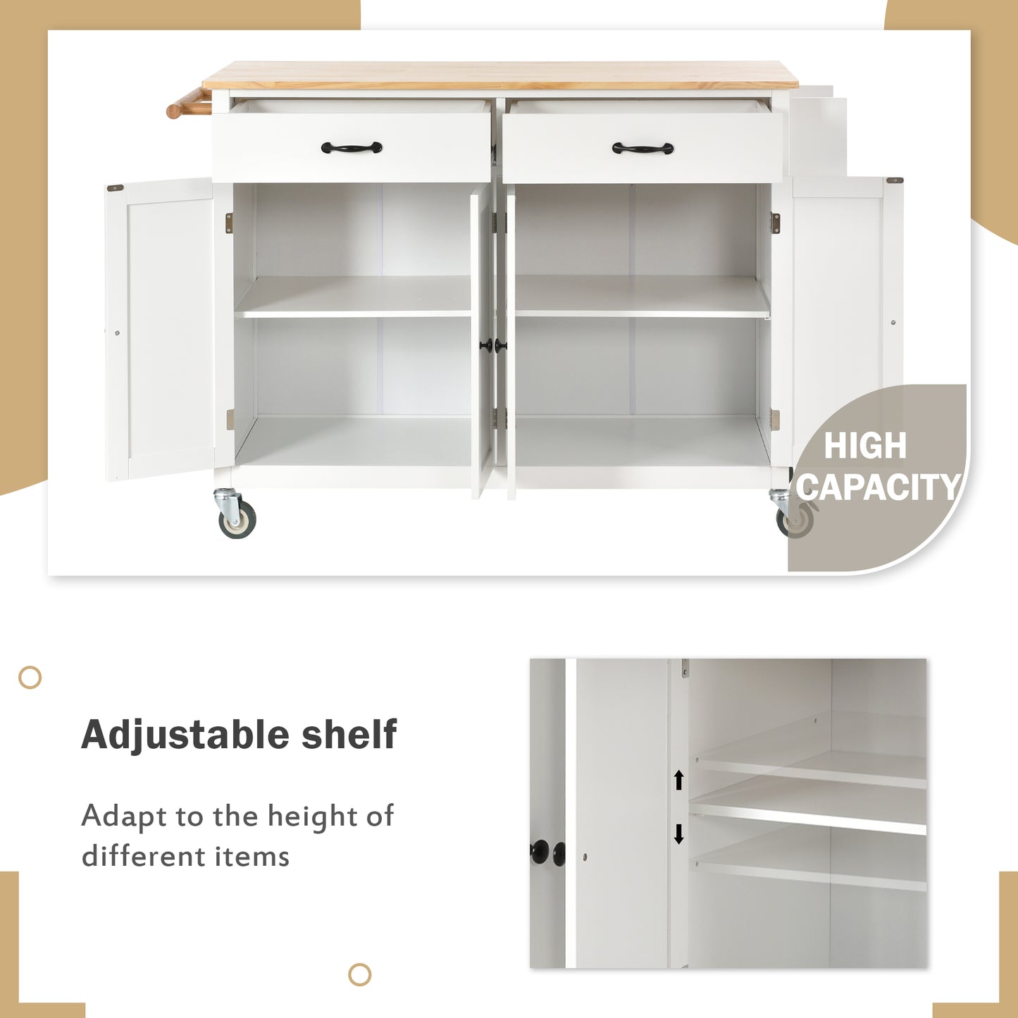 Melysen Kitchen Island Cart with Solid Wood Top and Locking Wheels,54.3 Inch Width,4 Door Cabinet and Two Drawers,Spice Rack, Towel Rack (White)