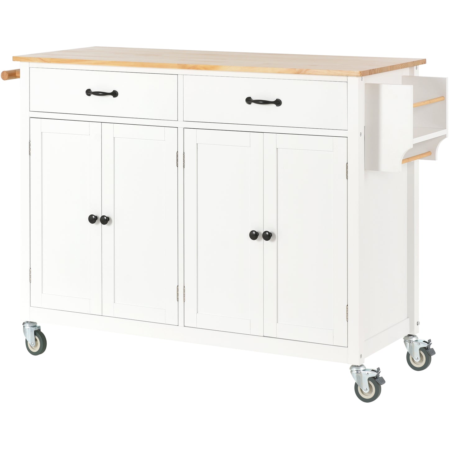 Melysen Kitchen Island Cart with Solid Wood Top and Locking Wheels,54.3 Inch Width,4 Door Cabinet and Two Drawers,Spice Rack, Towel Rack (White)