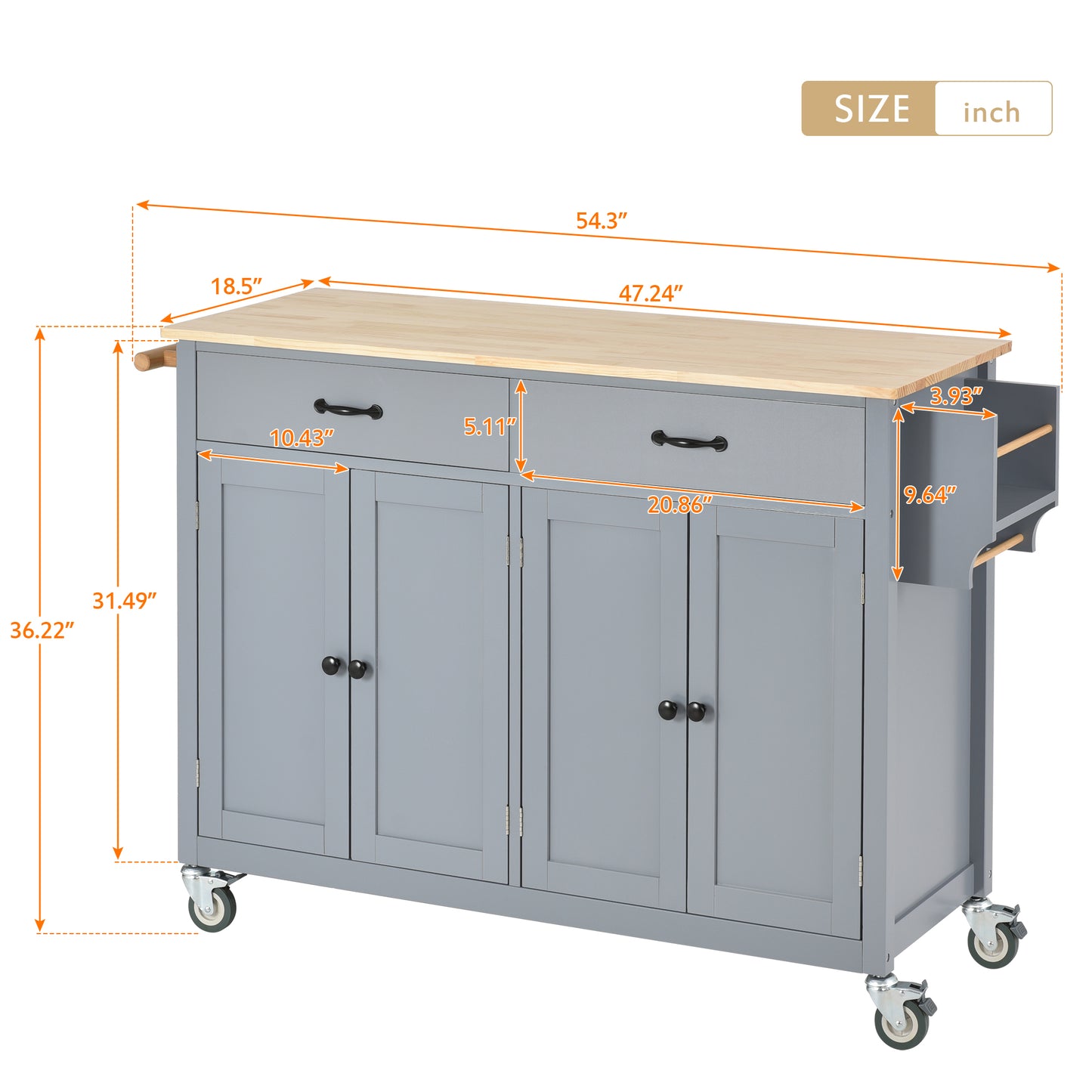 Melysen Kitchen Island Cart with Solid Wood Top and Locking Wheels,54.3 Inch Width,4 Door Cabinet and Two Drawers,Spice Rack, Towel Rack (Grey)