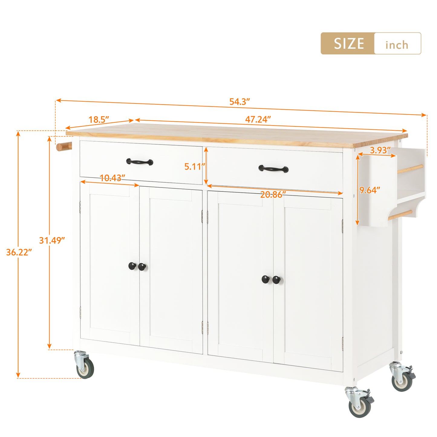 Melysen Kitchen Island Cart with Solid Wood Top and Locking Wheels,54.3 Inch Width,4 Door Cabinet and Two Drawers,Spice Rack, Towel Rack (White)