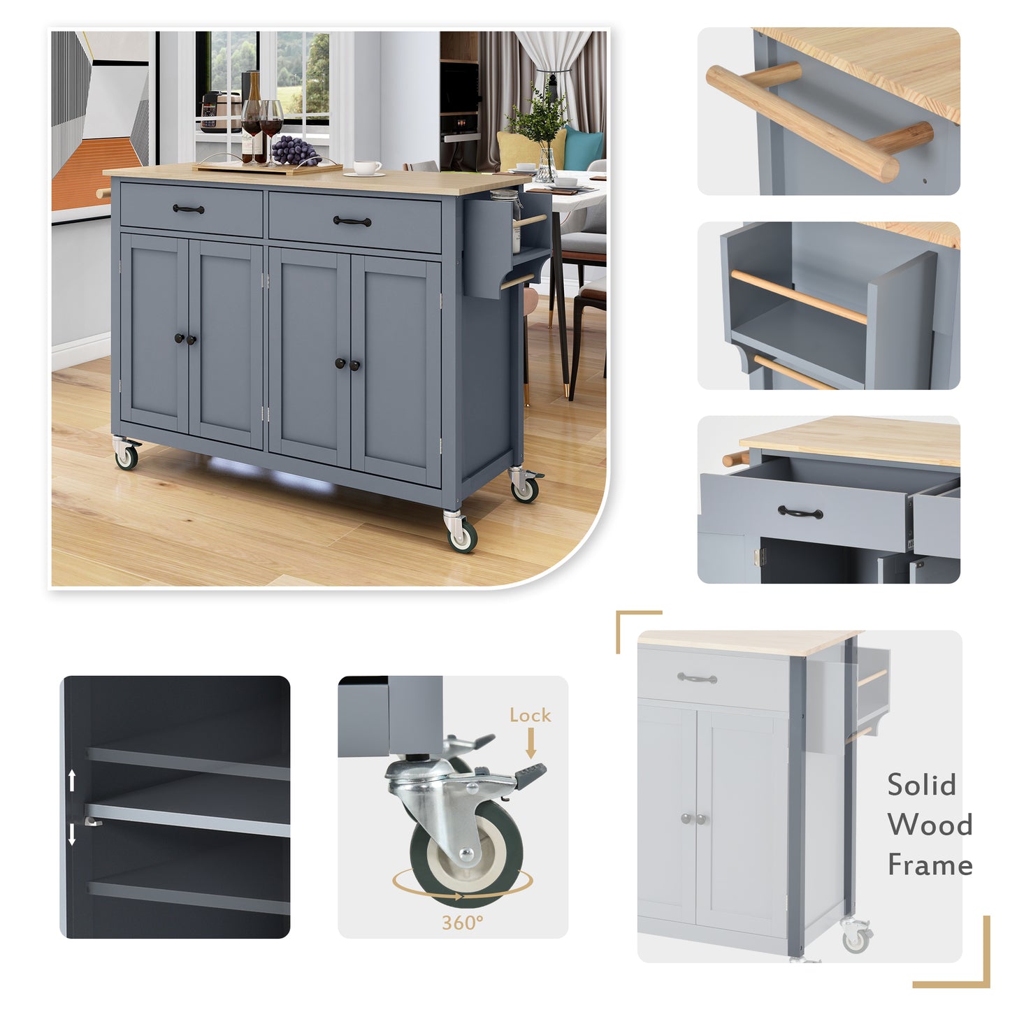 Melysen Kitchen Island Cart with Solid Wood Top and Locking Wheels,54.3 Inch Width,4 Door Cabinet and Two Drawers,Spice Rack, Towel Rack (Grey)