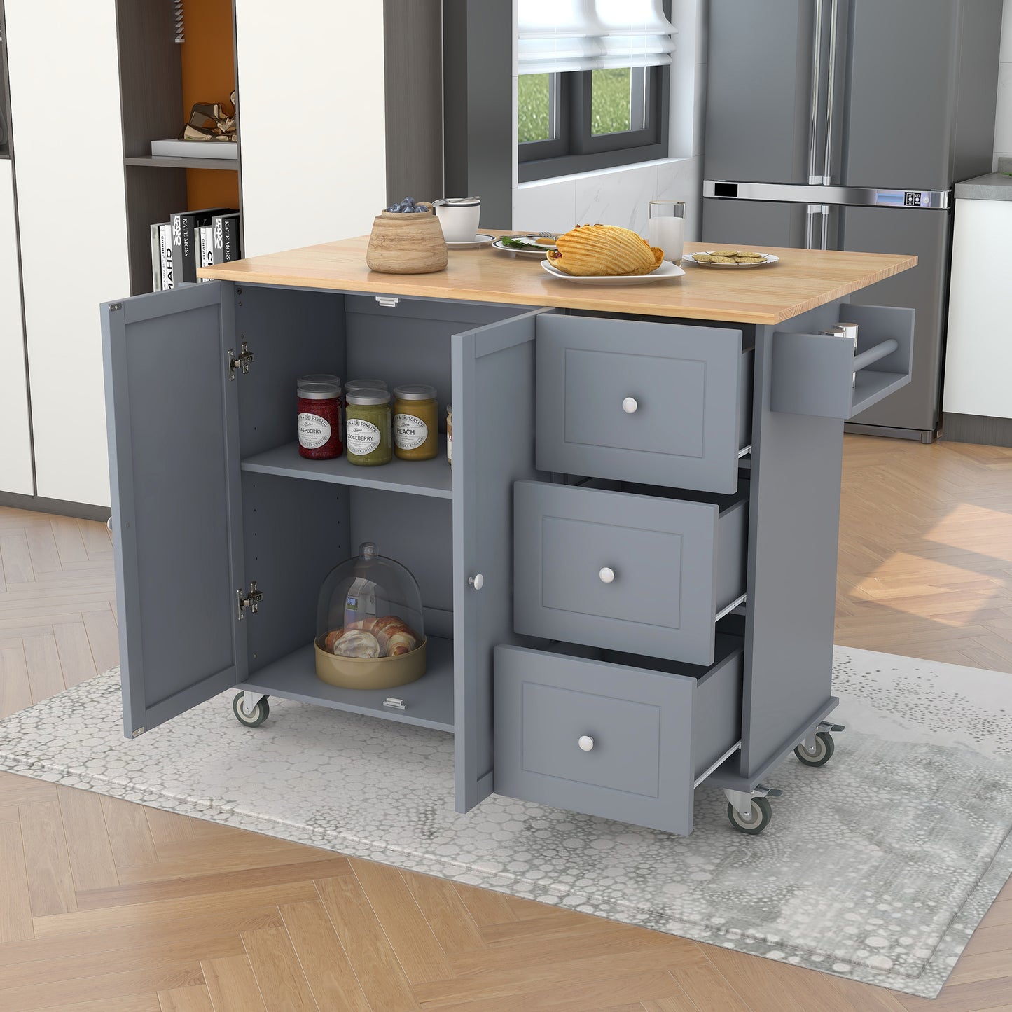 Melysen Rolling Mobile Kitchen Island with Solid Wood Top and Locking Wheels,52.7 Inch Width,Storage Cabinet and Drop Leaf Breakfast Bar,Spice Rack, Towel Rack & Drawer (Grey Blue)