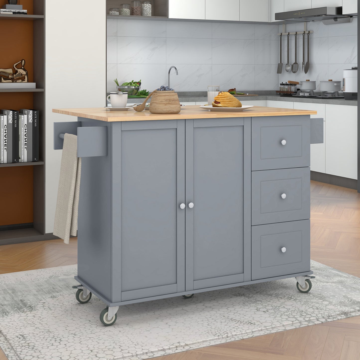 Melysen Rolling Mobile Kitchen Island with Solid Wood Top and Locking Wheels,52.7 Inch Width,Storage Cabinet and Drop Leaf Breakfast Bar,Spice Rack, Towel Rack & Drawer (Grey Blue)